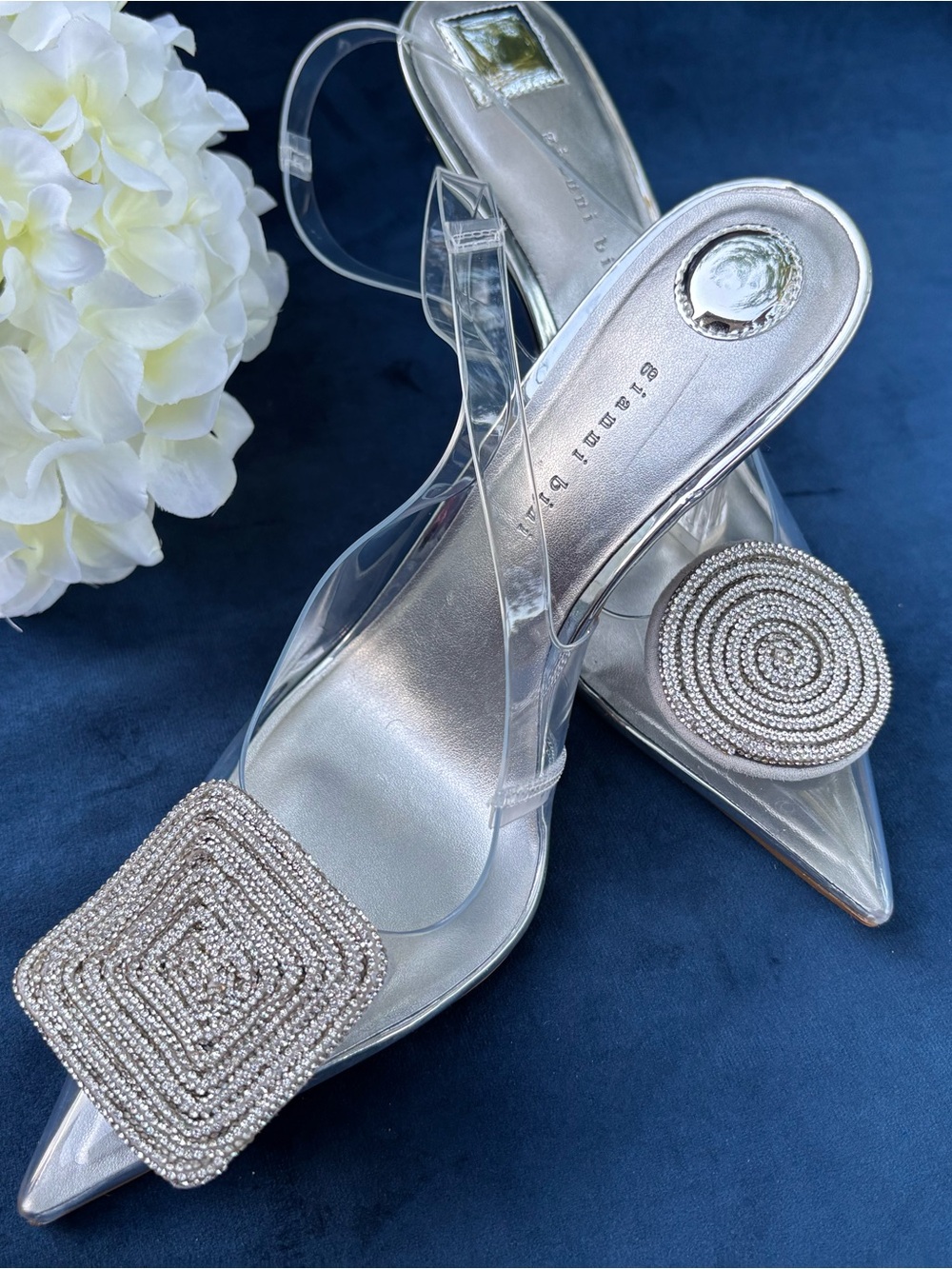Crystal-Embellished Silver Slingback Heels - Women's size 8